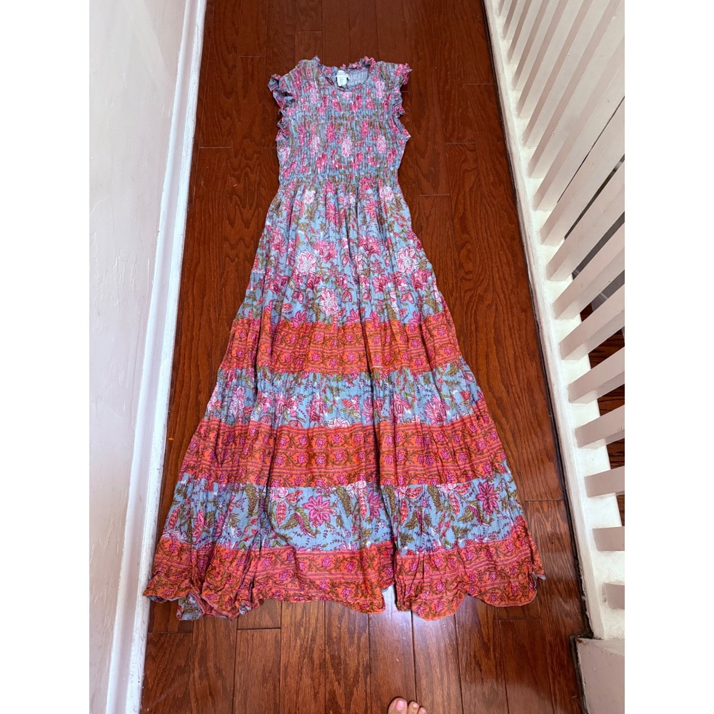 Calypso St Barth Floral Cotton Smocked Maxi Dress Blue Pink Orange Small
